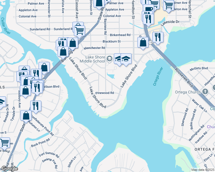 map of restaurants, bars, coffee shops, grocery stores, and more near 2755 Bayview Road in Jacksonville