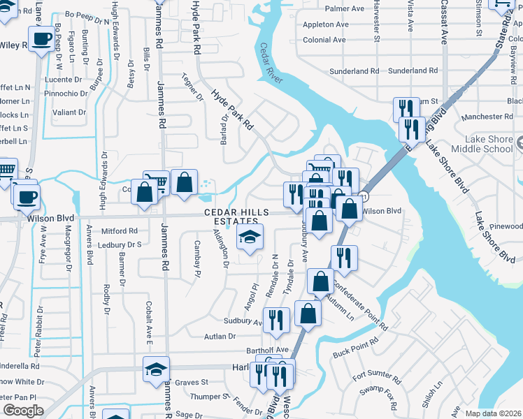 map of restaurants, bars, coffee shops, grocery stores, and more near 6066 Wilson Boulevard in Jacksonville