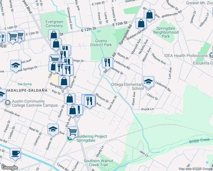 map of restaurants, bars, coffee shops, grocery stores, and more near 4710 Prock Lane in Austin