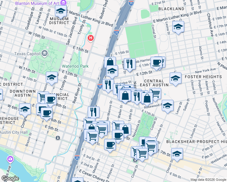 map of restaurants, bars, coffee shops, grocery stores, and more near 912 East 11th Street in Austin