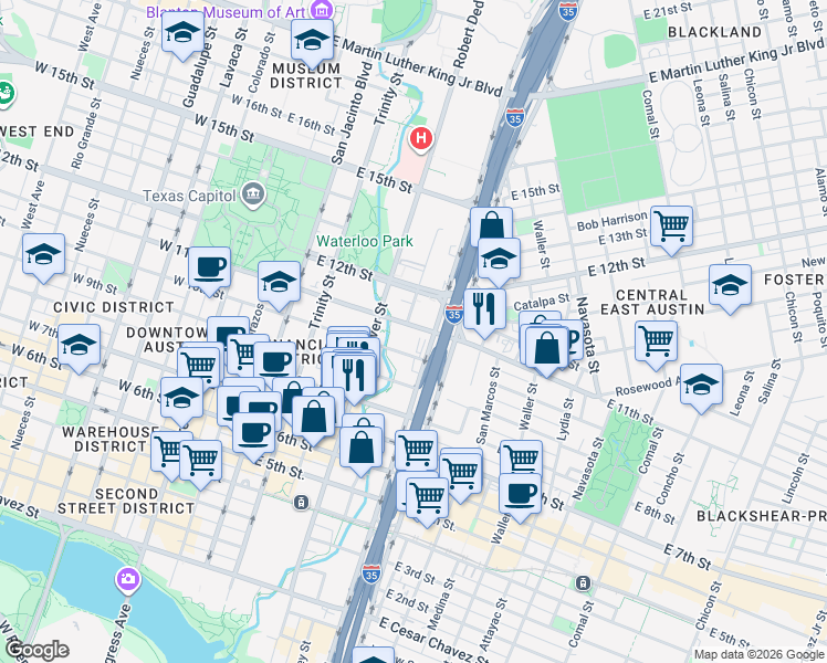 map of restaurants, bars, coffee shops, grocery stores, and more near 701 East 11th Street in Austin