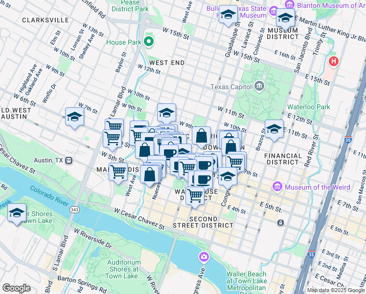 map of restaurants, bars, coffee shops, grocery stores, and more near 505 West 7th Street in Austin