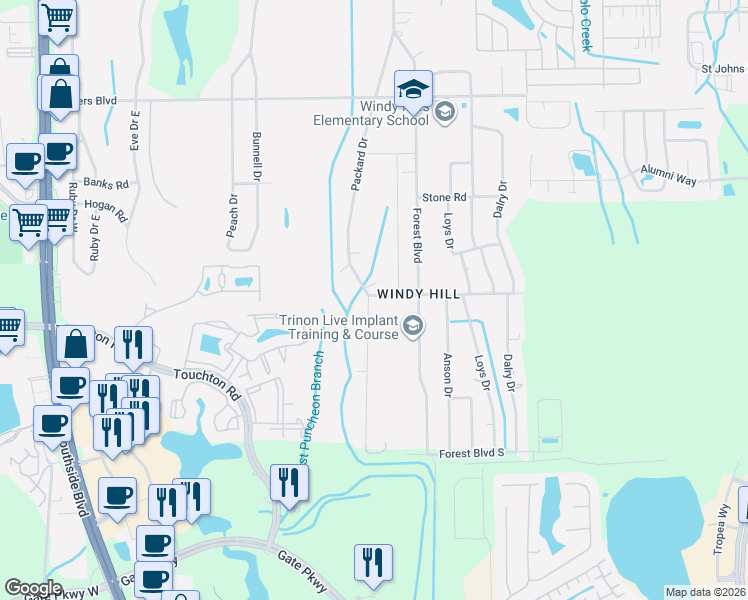 map of restaurants, bars, coffee shops, grocery stores, and more near 4231 Packard Drive in Jacksonville