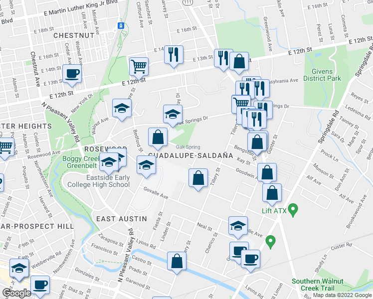 map of restaurants, bars, coffee shops, grocery stores, and more near 2904 Goodwin Avenue in Austin