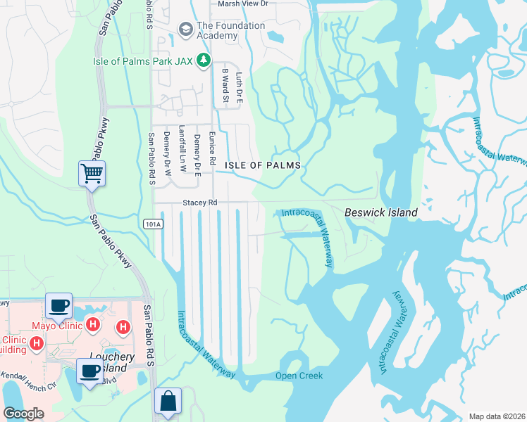 map of restaurants, bars, coffee shops, grocery stores, and more near 4137 Sunrise Cove Way in Jacksonville