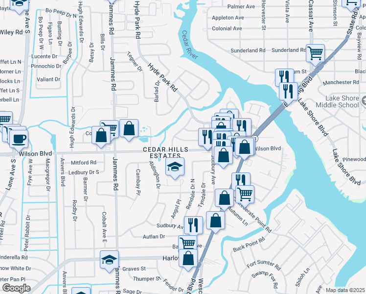 map of restaurants, bars, coffee shops, grocery stores, and more near 6066 Wilson Boulevard in Jacksonville