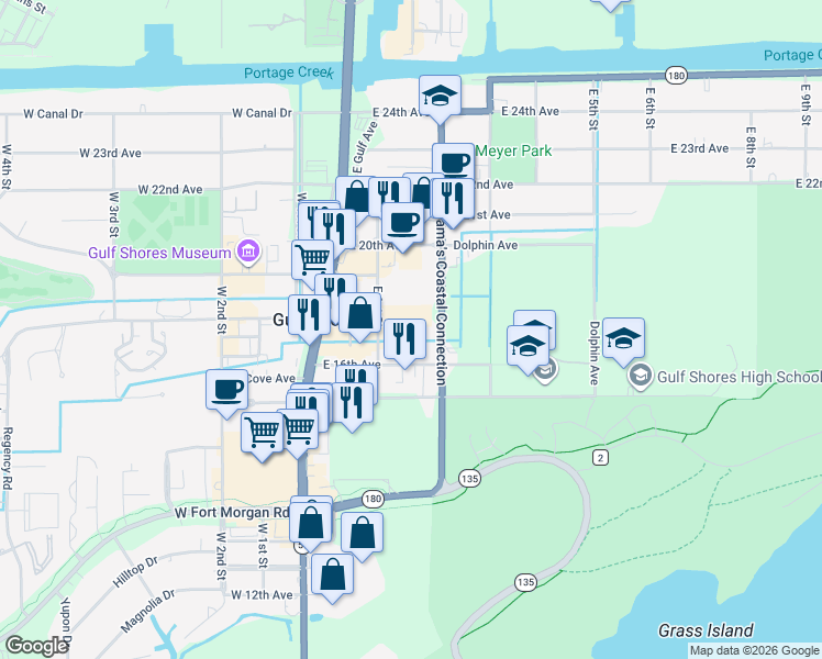 map of restaurants, bars, coffee shops, grocery stores, and more near 1701 East 1st Street in Gulf Shores