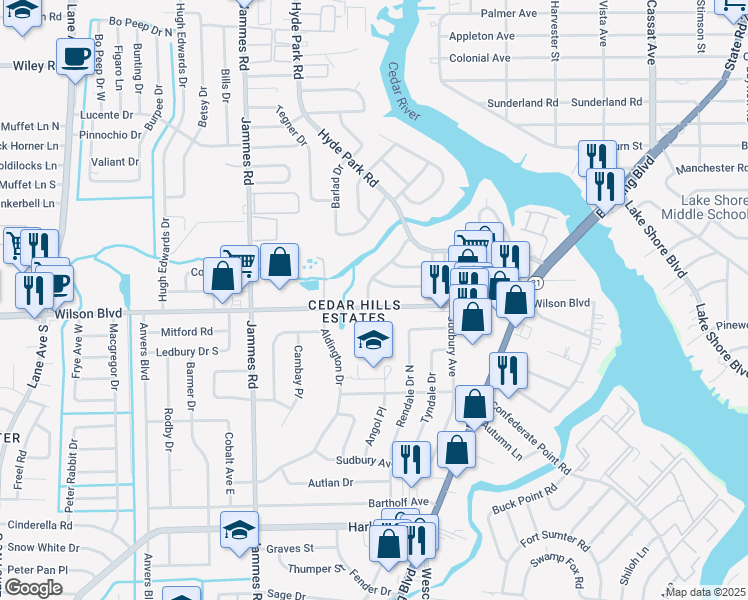 map of restaurants, bars, coffee shops, grocery stores, and more near 3557 Edgewater Drive in Jacksonville
