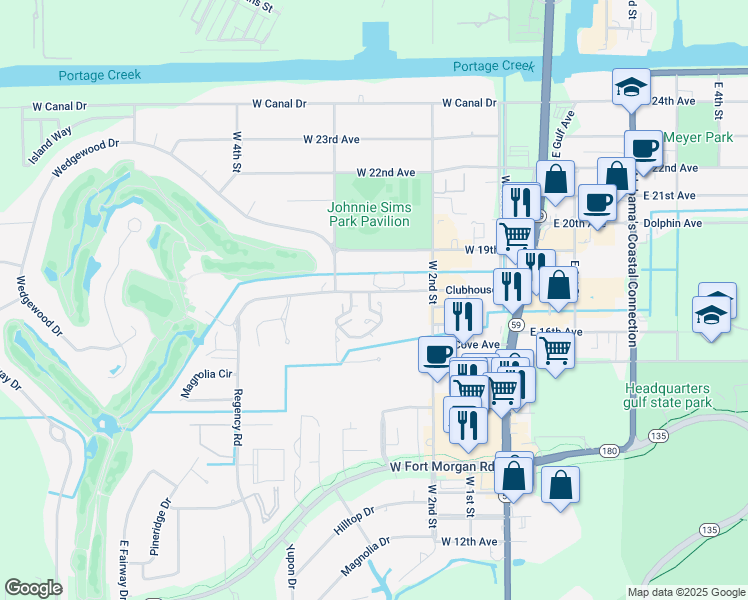 map of restaurants, bars, coffee shops, grocery stores, and more near 389 Clubhouse Drive in Gulf Shores