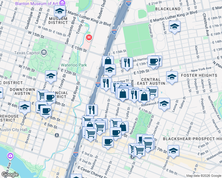 map of restaurants, bars, coffee shops, grocery stores, and more near 912 East 11th Street in Austin