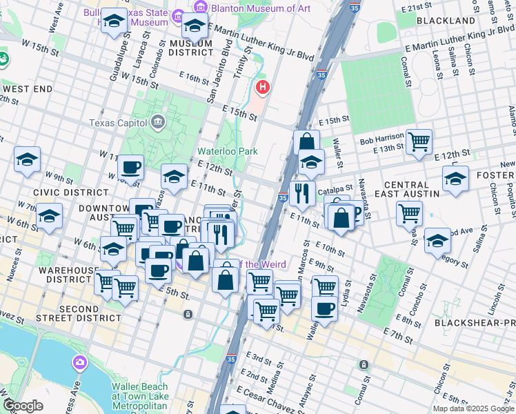 map of restaurants, bars, coffee shops, grocery stores, and more near 701 East 11th Street in Austin