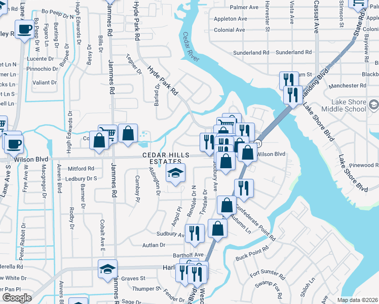 map of restaurants, bars, coffee shops, grocery stores, and more near 6066 Wilson Boulevard in Jacksonville