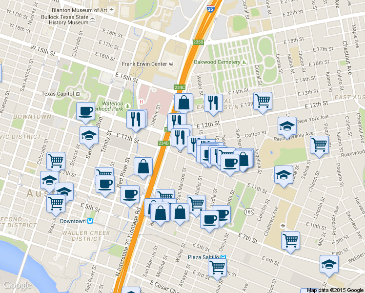 map of restaurants, bars, coffee shops, grocery stores, and more near Juniper St & Branch St in Austin