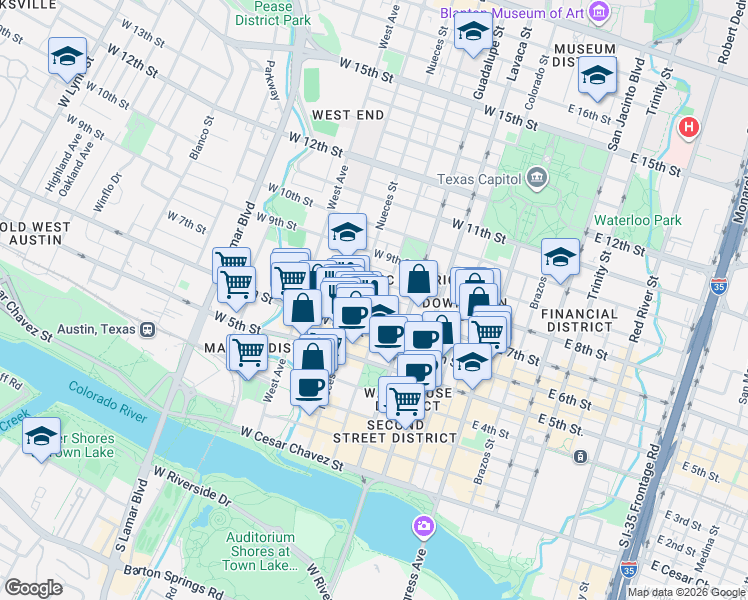 map of restaurants, bars, coffee shops, grocery stores, and more near 505 West 7th Street in Austin