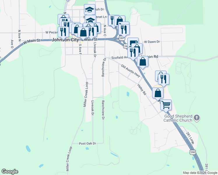 map of restaurants, bars, coffee shops, grocery stores, and more near 613 Ranchview Drive in Johnson City
