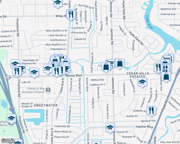 map of restaurants, bars, coffee shops, grocery stores, and more near 2640 Hugh Edwards Drive in Jacksonville