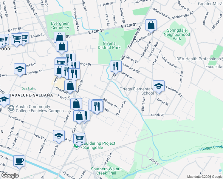 map of restaurants, bars, coffee shops, grocery stores, and more near 4609 Prock Lane in Austin
