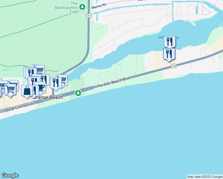 map of restaurants, bars, coffee shops, grocery stores, and more near 26166 Perdido Beach Boulevard in Orange Beach