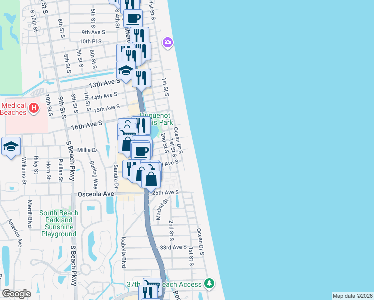 map of restaurants, bars, coffee shops, grocery stores, and more near in Jacksonville Beach