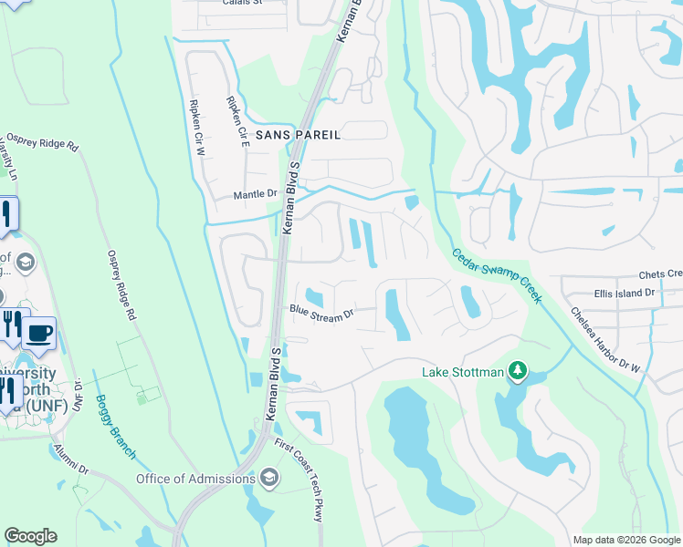 map of restaurants, bars, coffee shops, grocery stores, and more near 4555 Shaky Leaf Lane North in Jacksonville