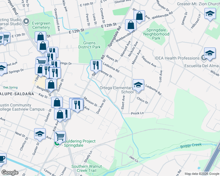 map of restaurants, bars, coffee shops, grocery stores, and more near 1107 Spur Street in Austin