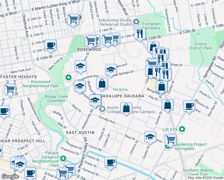 map of restaurants, bars, coffee shops, grocery stores, and more near 2807 Goodwin Avenue in Austin
