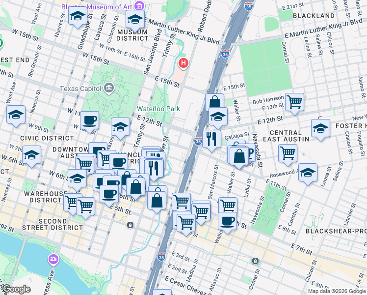 map of restaurants, bars, coffee shops, grocery stores, and more near 701 East 11th Street in Austin