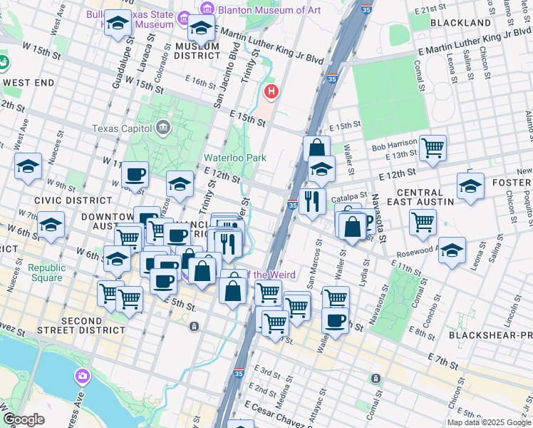 map of restaurants, bars, coffee shops, grocery stores, and more near 701 East 11th Street in Austin