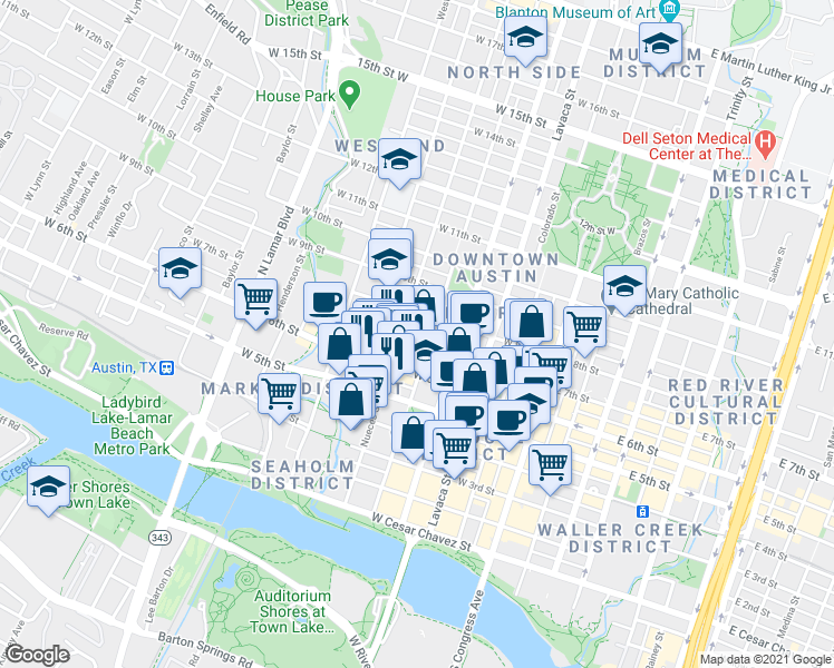 map of restaurants, bars, coffee shops, grocery stores, and more near 505 West 7th Street in Austin