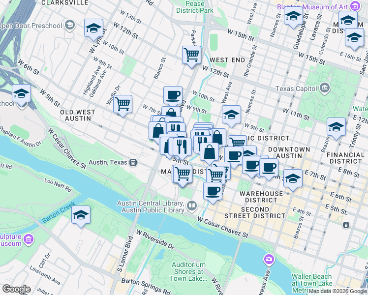 map of restaurants, bars, coffee shops, grocery stores, and more near 832 West 5th Street in Austin