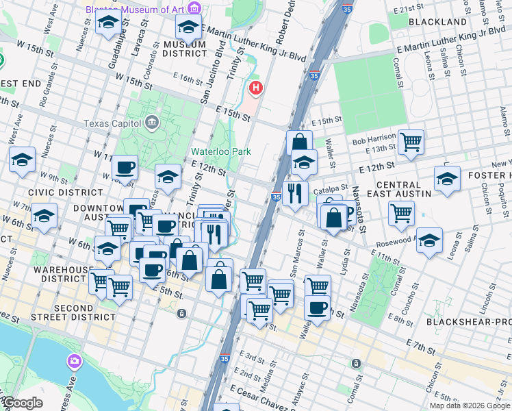 map of restaurants, bars, coffee shops, grocery stores, and more near 701 East 11th Street in Austin