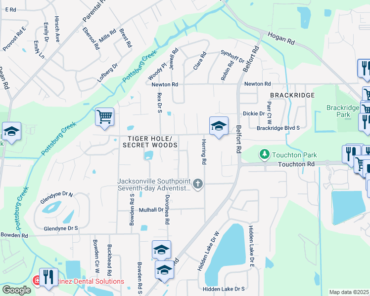 map of restaurants, bars, coffee shops, grocery stores, and more near 3040 Bridgeview Drive in Jacksonville