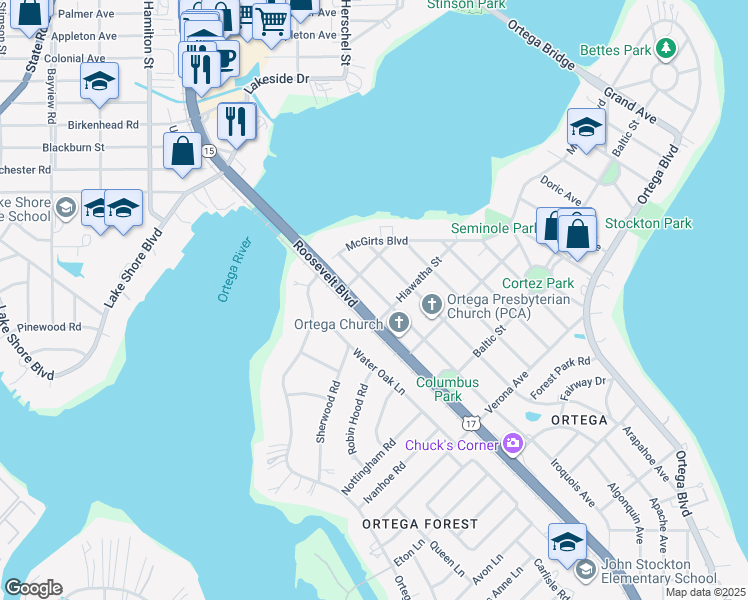 map of restaurants, bars, coffee shops, grocery stores, and more near 4450 Hiawatha Street in Jacksonville
