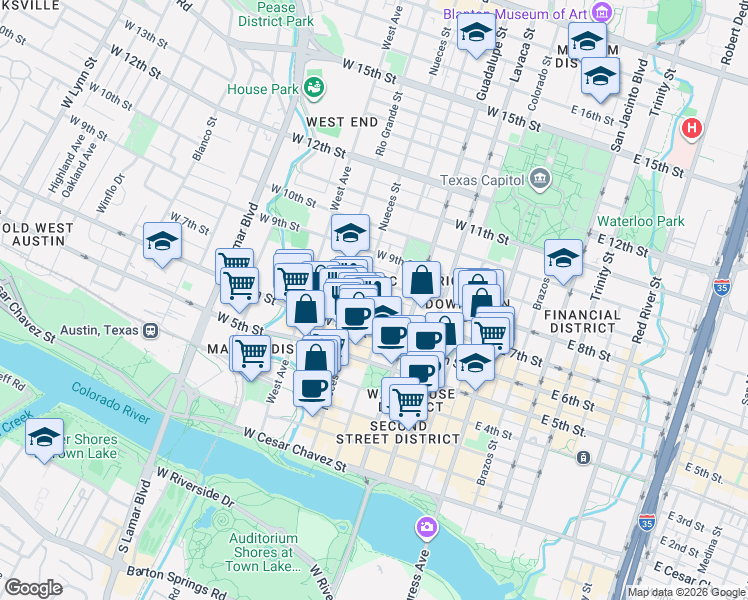 map of restaurants, bars, coffee shops, grocery stores, and more near 505 West 7th Street in Austin