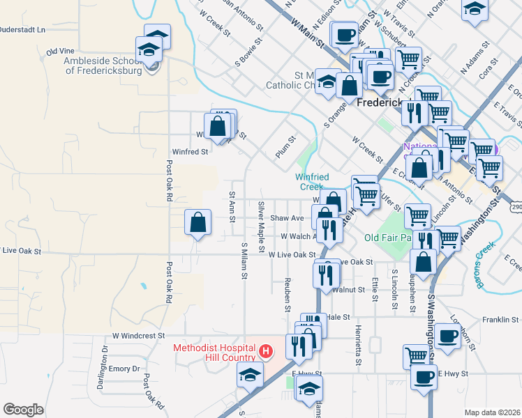 map of restaurants, bars, coffee shops, grocery stores, and more near 309 Shaw Avenue in Fredericksburg