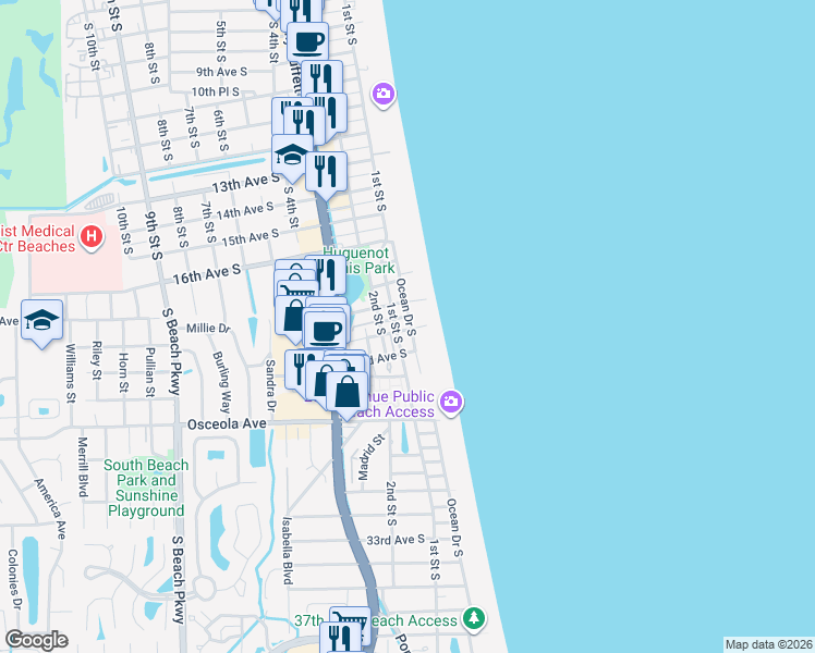 map of restaurants, bars, coffee shops, grocery stores, and more near 2200 Ocean Drive South in Jacksonville Beach