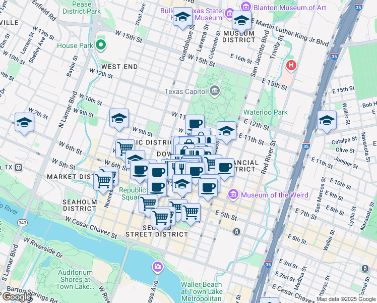 map of restaurants, bars, coffee shops, grocery stores, and more near 816 Congress Avenue in Austin