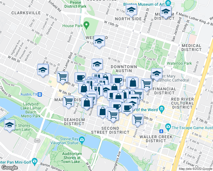 map of restaurants, bars, coffee shops, grocery stores, and more near 704 San Antonio Street in Austin