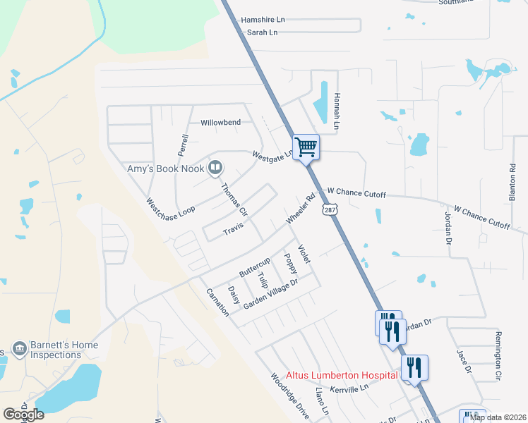 map of restaurants, bars, coffee shops, grocery stores, and more near 6040 Crockett in Lumberton