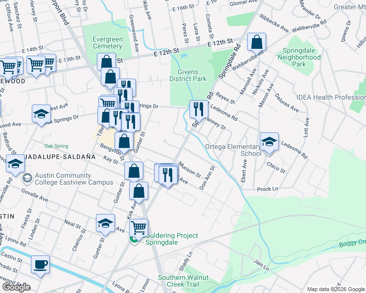 map of restaurants, bars, coffee shops, grocery stores, and more near 1055 Springdale Road in Austin