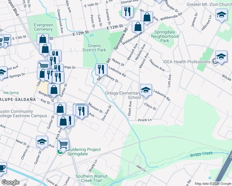 map of restaurants, bars, coffee shops, grocery stores, and more near 1127 Mark Street in Austin