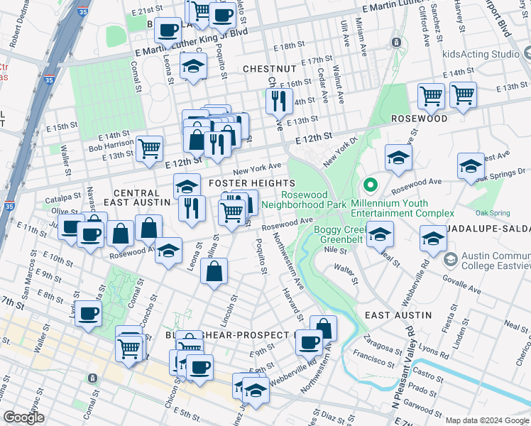 map of restaurants, bars, coffee shops, grocery stores, and more near 2101 South L Davis Avenue in Austin