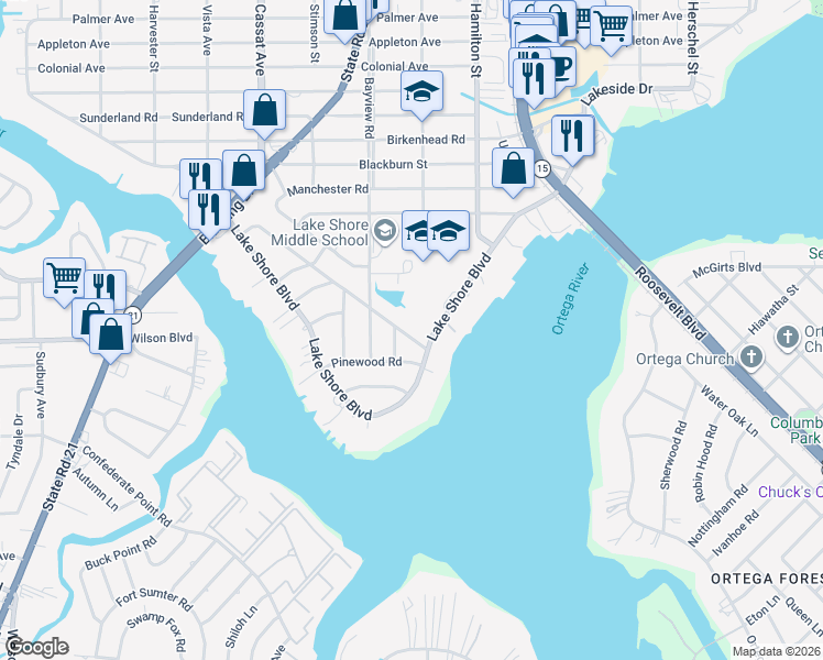 map of restaurants, bars, coffee shops, grocery stores, and more near 4637 Riverdale Road in Jacksonville