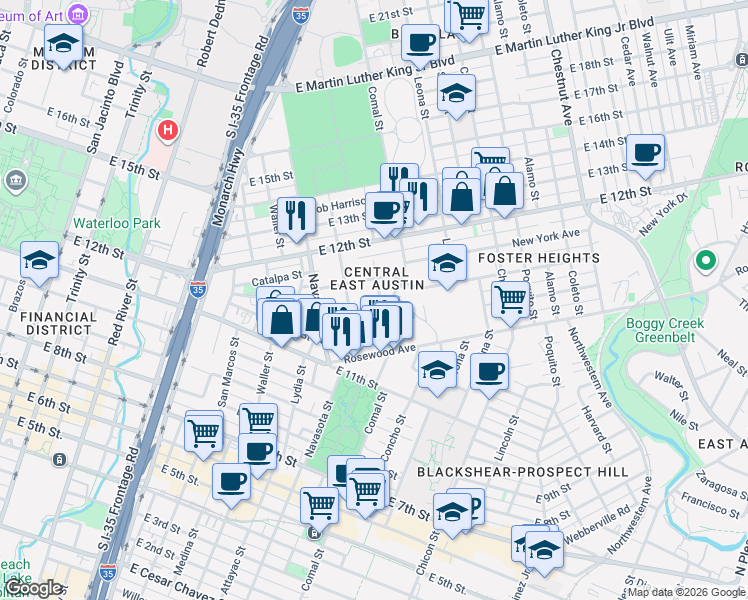 map of restaurants, bars, coffee shops, grocery stores, and more near 1172 Angelina Street in Austin