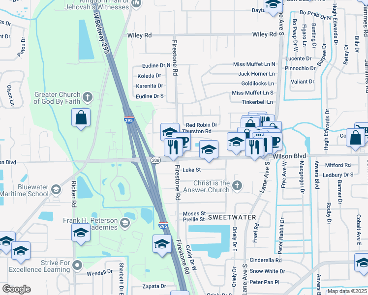 map of restaurants, bars, coffee shops, grocery stores, and more near 7159 Wilson Boulevard in Jacksonville