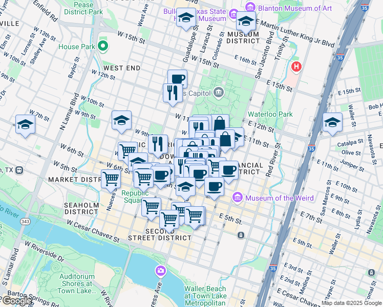 map of restaurants, bars, coffee shops, grocery stores, and more near 901-999 Colorado Street in Austin