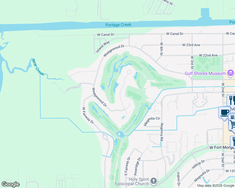 map of restaurants, bars, coffee shops, grocery stores, and more near Hogan Drive in Gulf Shores
