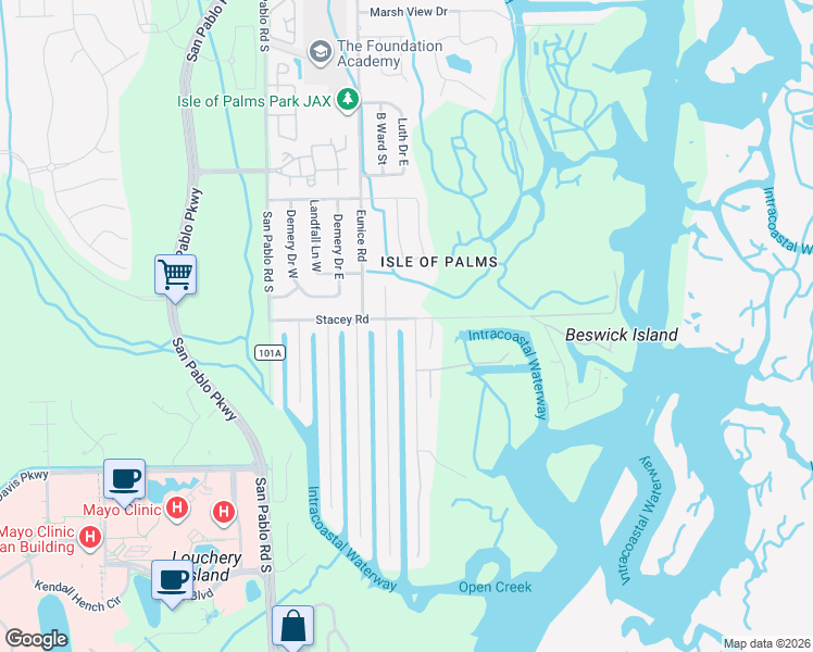map of restaurants, bars, coffee shops, grocery stores, and more near 14537 Stacey Road in Jacksonville