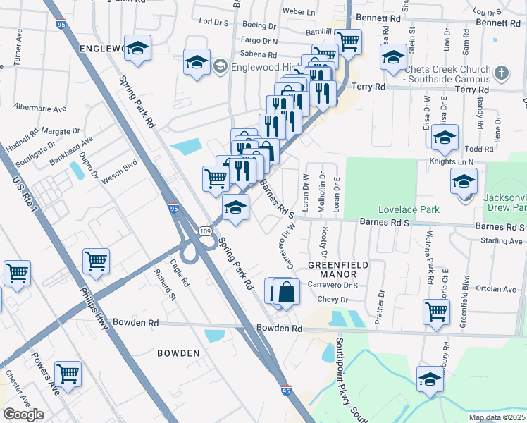 map of restaurants, bars, coffee shops, grocery stores, and more near 14 5800-2 Barnes Ap in Jacksonville