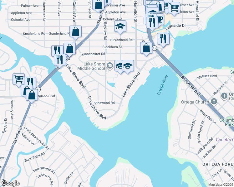 map of restaurants, bars, coffee shops, grocery stores, and more near 4637 Riverdale Road in Jacksonville